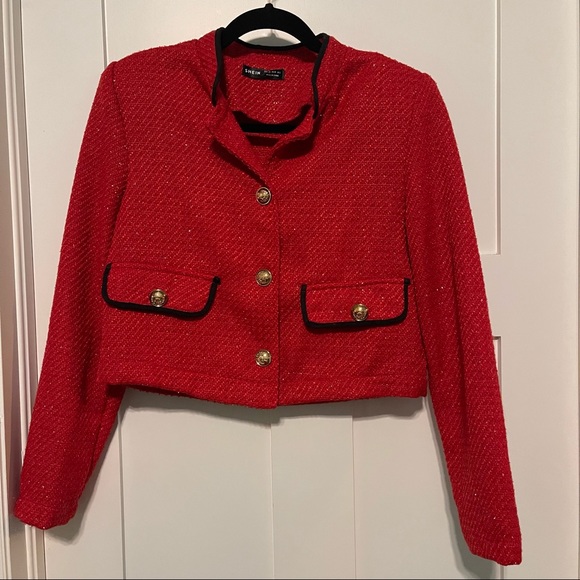 SHEIN size XS red cropped jacket with shoulder pads and large gold button detail - Picture 1 of 4